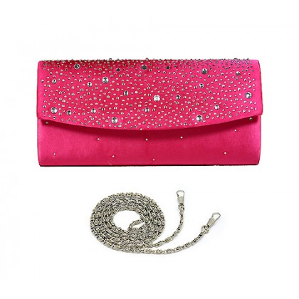 Evening Bag - 12 PCS - Satin w/ Jeweled Flap - Fuchsia - BG-100277FU